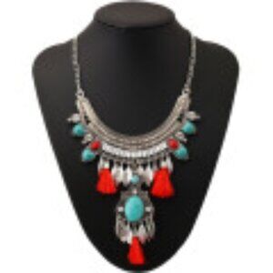 #023 Vintage Fashion Long Tassel Gemstone Leaf Necklace